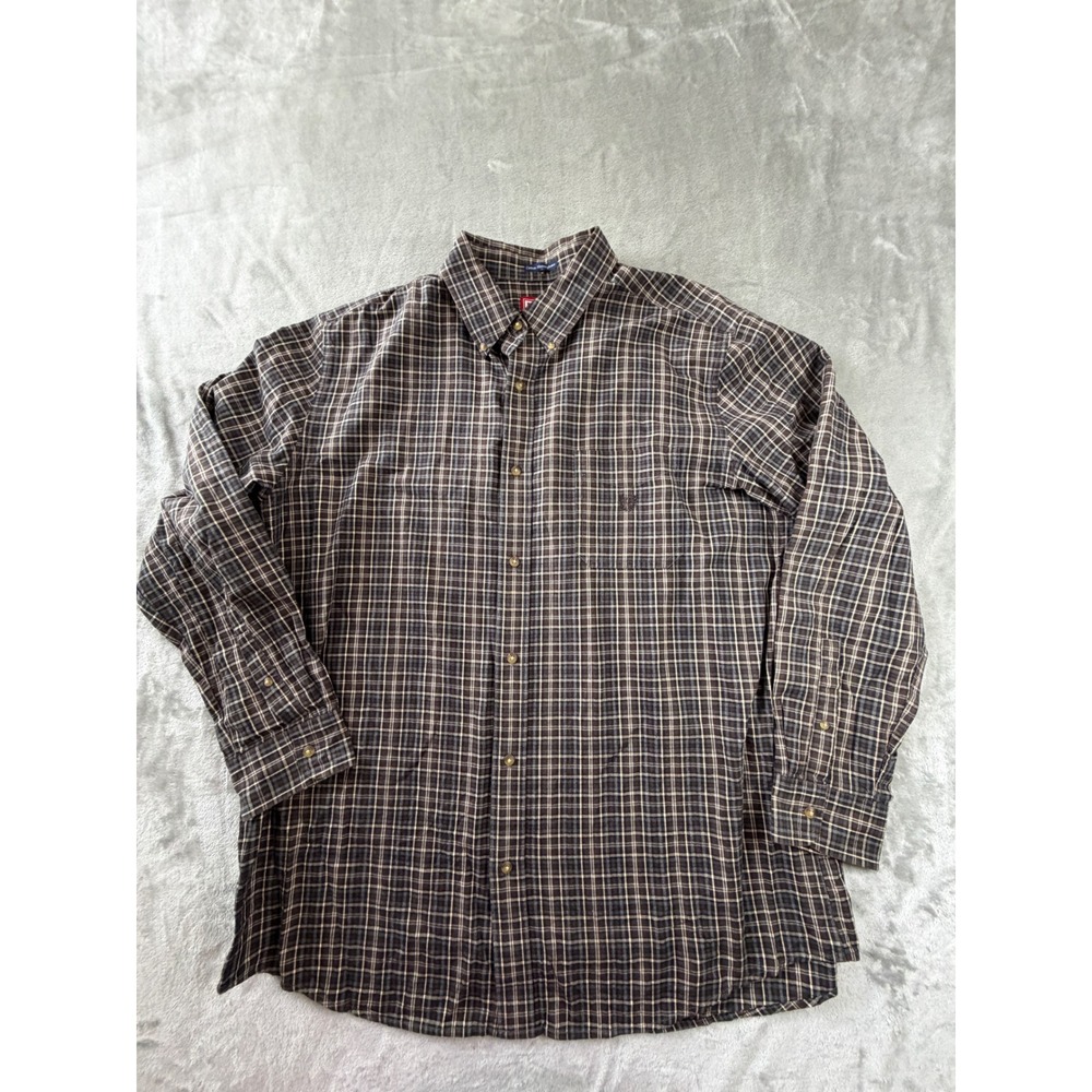 Chaps Button Down Shirt Mens XL Brown Plaid Cotton Herringbone Long Sleeve